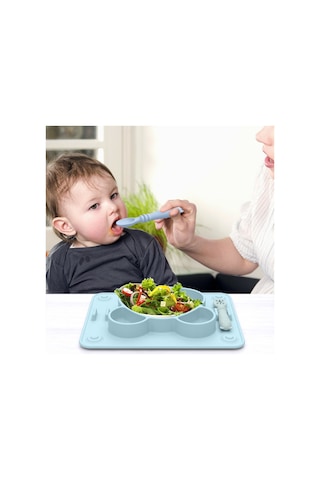 Sones Bebek Entegre Vakumlu Bardak Izgara Yemek Tabağı Çocuk Panda Silikon Yapıştırıcı Tabaklar Çatal Ve Kaşıkla Gök Mavisi