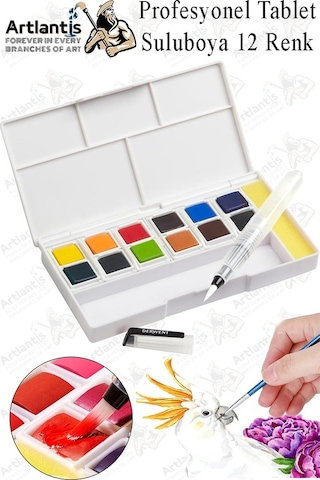 Tablet Sulu Boya 12 Renk Plastik Kutu 1 Paket Monalisa 12 Li Taş Sulu Boya Tablet Suluboya Resim Hobi Sanat Çok Renkli