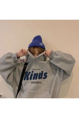 Kinds General Sweatshirt - Gri Baskılı Oversize Kapüşonlu Gri