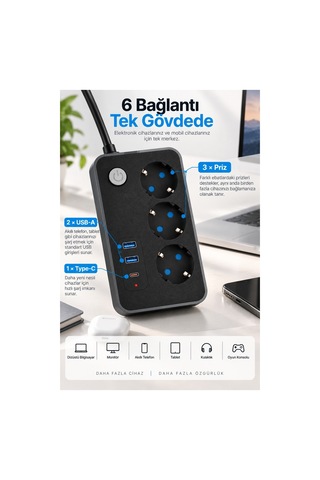 Robeve Blic 3 Lü Termal Akım Korumalı Uzatma Prizi 2 Metre Kablolu, 2 Usb + 1 Type-c Hızlı Şarj, Çocuk Korumalı, Aç/kapa Anahtarlı Çoklu Priz Grup Priz Grup Uzatma Prizi 3'lü Priz 2 M