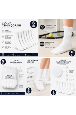 Km Collections Çocuk Tenis Çorabı 6 Çift Pamuklu Beyaz