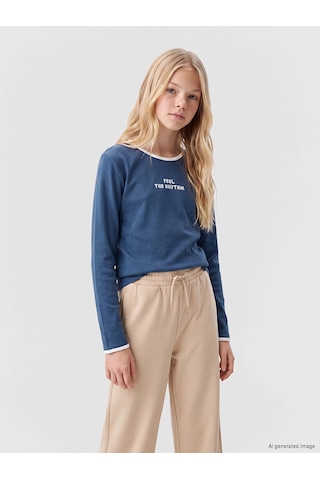 LC Waikiki Lcw Kids Lacivert Bisiklet Yaka Baskılı Uzun Kollu Kız Çocuk Tişört Navy