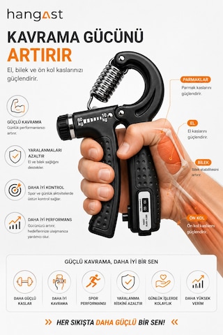 Sayaçlı El Yayı 10-60 Kg Ayarlanabilir Hand El Kavrama Güçlendirici Bilek, Parmak Ve Ön Kol Egzersiz Aleti Siyah