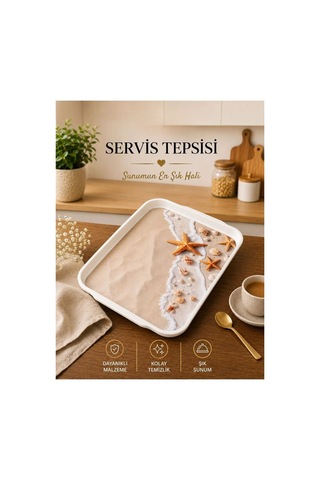 Galeriyo Deniz Sahil Desenli Orta Boy Servis Tepsisi