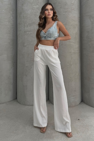 Lesa Wear Yumuşacık Yüksel Bel Geniş Paça Likralı Jarse Pantolon Flared Beyaz