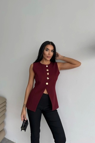 Defymoda Gold Düğme Detaylı Yelek - Bordo Bordo