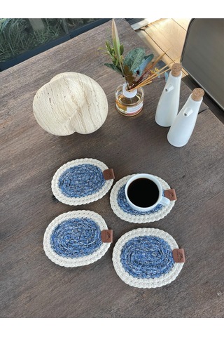 4 Adet Oval Kılfılı Bardak Altlığı- Leke Tutmaz- Beyaz-mavi 13x17 Cm Beyaz - Mavi