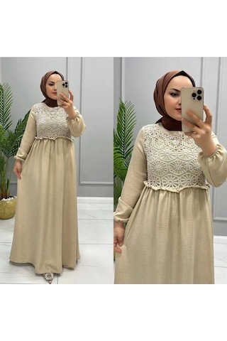 Kadın Melenj Keten Elbise Krem