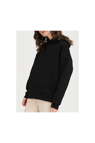 Swoord Kapüşonlu Unisex Oversize Sweatshirt 3 Iplik Şardonlu Pamuklu Baskısız Siyah