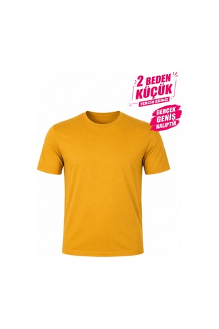 Yuvarlak Yaka Erkek Battal Düz Renk Pamuklu Basic Tshirt Hardal