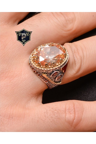 Gümüş Erkek Yüzük Sitrin Taşlı Şampanya Topaz Taş Süslemeli