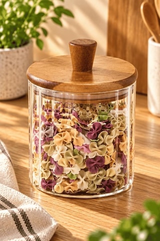 Atbyhome Akasya Ahşap Kapaklı Çizgili Cam Kavanoz 600 Ml - Vakumlu Erzak Ve Baharat Kabı