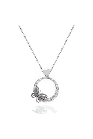Brezza Lusso Jewelry  Dia Serisi Işıltılı Yüreğime Konan Sevgi Kelebeği Gümüş Kolye 45 CM 45 CM