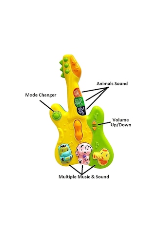 Hayvan Sesleri Çıkaran Işıklı Ninnili Müzikli Gitar İnteraktif Bebek Eğitici Tuşlu Oyuncak - Sarı