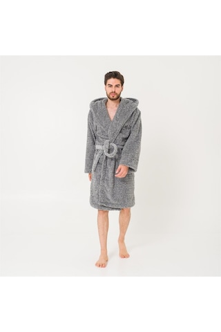 Erkek Uzun Welsoft Kapüşonlu Sabahlık-Gri