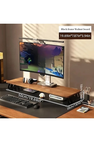 Motion003 Ergonomik Ahşap Monitör Standı Siyah Çerçeve Ceviz Tahtası 50 Cm Büyük Çift Ekran Masa Rafı Ofis Ev Çalışma Alanı İçin
