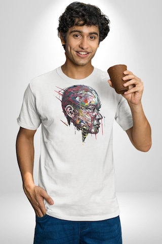 İnsan Kafası Sulu Boya Unisex Unisex Beyaz Organik Baskılı T-shirt Penye Yüksek Kalite Beyaz