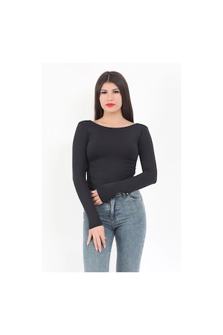 Giysa Kadın Siyah Sırt Dekolteli Uzun Kollu Çıtçıtlı Esnek Zıbın Body - 2440 Siyah