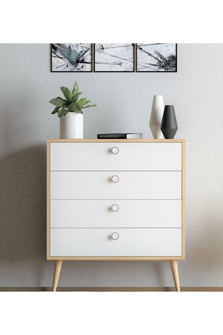 Floradesign Zen Şifonyer / Çok Amaçlı Dolap/ Çekmeceli Şifonyer / Kapaklı Şifonyer / 4 Çekmeceli Şifonyer 80cm Meşe/beyaz