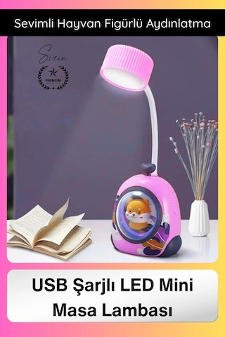 Masalambası Usb Şarjlı Led Mini Masa Lambası Çocuklar İçin Hayvan Figürlü Pet Kabin Sevimli Pembe
