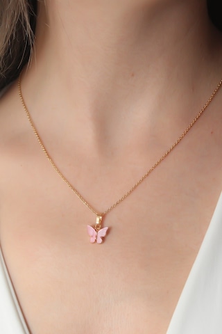 Gold Pembe Renk Kelebek Figür Kadın Kolye Renkli