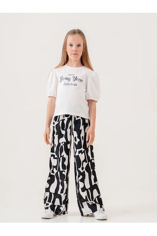 Kız Çocuk Pamuklu Desenli Pantolonlu Takım-15882 Beyaz
