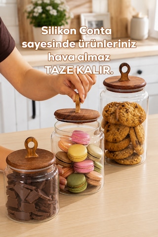 Porsima 4470 Handmade Vakum Kapaklı 3lü Cam Kavanoz Seti Vakum Kapaklı Saklama Düzenleme Kabı Seti Şeffaf