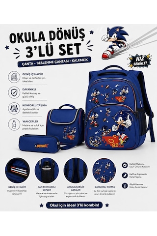 Sonic Desenli Koyu Mavi 3 Lü Erkek Çocuk İlkokul Okul Çantası + Termal Beslenme Çantası + Kalemlik
