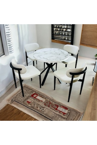 Yeliz Mutfak Masa Takımı 4 Kişilik Beyaz Mermer Desenli Yeliz002 Beyaz