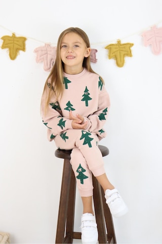 Yeni Sezon 3 İplik Mini Figür Çam Ağacı Desen Mini Figürlü Sweatshirt Eşofman Alt Üst Takım 2 Parça Taş