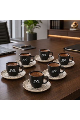 Logonuza Özel 6 Kişilik Black Magic Mat Siyah Fincan Takımı - 6 Fincan 6 Tabak Kurumsal Set Çok Renkli