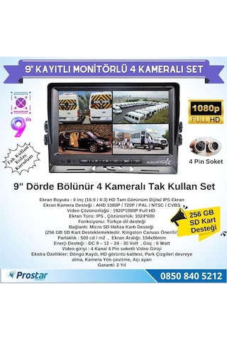 9 Inç Dörde Bölünür Kayıtlı 256gb Sd Destekli 4 Kameralı 720p Ahd 4 Pin Soketli Tak Kullan Kamera Seti