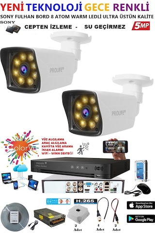 2 Kameralı Gece Renkli 8 Adet Warm Ledli Yeni Nesil 5 Mp Kuruluma Hazır Güvenlik Kamerası Seti