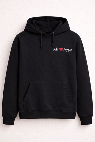 Mekaizen Kişiye Özel Çift İsim Nakışlı Siyah Kapüşonlu Sweatshirt Sevgililer Günü Özel Tasarım SIYAH