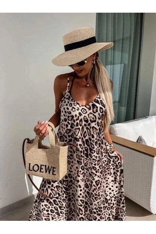 Zennamoda Kadın Askılı Yuvarlak Yakalı Geniş Kesim Leopar Desenli Uzun Süprem Elbise
