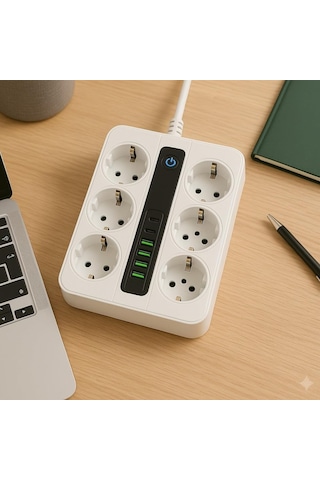 6 Prizli Akım Korumalı Çoklu Priz 4 Usb Şarj Girişli Duvar Tipi Anahtarlı Güvenlik Korumalı 1 - 3 M