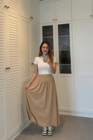 Kadın Bej Poplin Kumaş Uzun Etek Beli Lastikli Günlük Maxi Etek 90 Cm