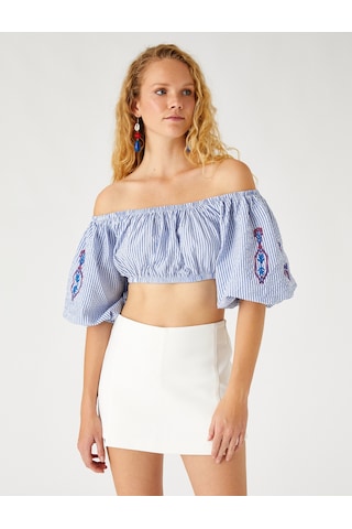 Koton Nakışlı Crop Bluz Omzu Açık Mavi Çizgili 2sak30116ew Mavi Çizgili