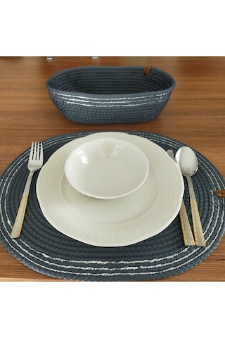 Lacivert 6 Kişilik 8 Parça Amerikan Servis, Hasır Supla Takımı, T Lacivert