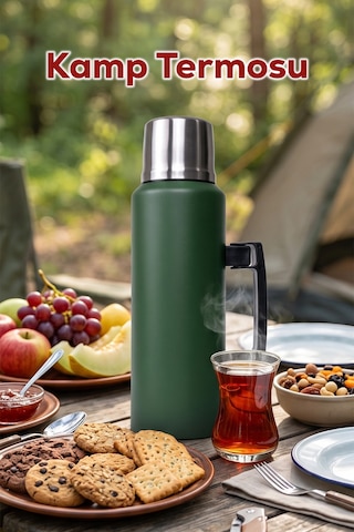 Porsima 2085-1 Çift Katmanlı Paslanmaz Çelik Termos Kulplu Termos Matara 1,5lt Yeşil