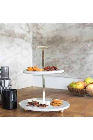 Akayev Mermer 25 Cm Beyaz Altın Boncuk Ayaklı İki Katlı Sunum Tabağı Beyaz