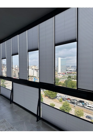 Blind-x Gri Plise Katlanır Cam Balkon Perdesi, Ofis Perdesi, Mutfak Perdesi, Salon Perdesi