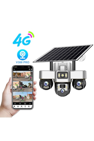 6mp 3 Lensli Güneş Enerjili Sım Ptz - V380pro İle Canlı/kayıt İzleme, İki Yönlü Sesli İletişim, 7/24 Kayıt