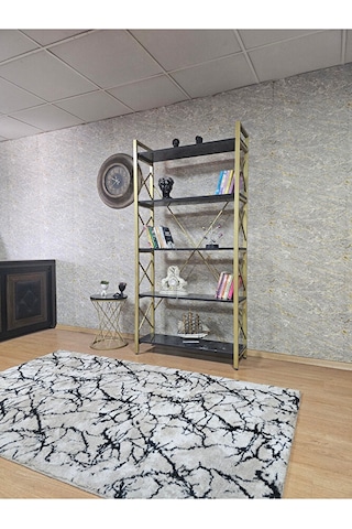 Gold Boyalı Kitaplık - 5 Raflı Suntalem Lüks Kitaplık Siyah Merme Çok Renkli