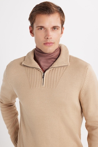 Tudors Erkek Slim Fit Dar Kesim Armürlü Fermuarlı Taş Dik Yaka Kazak-34919 Taş - Ekru