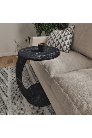 İntergo Tekerlekli C Yan Sehpa Siyah Mermer