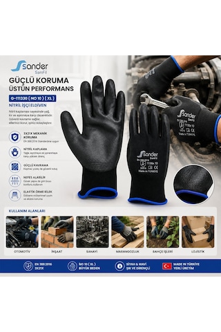 Sander G-111330 Nitril İşçi Eldiven - No 10 Xl Siyah Mavi Başlık- 10'li Paket
