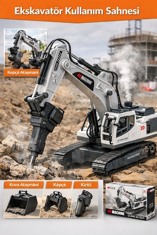 Uzaktan Kumandalı 3 Başlıklı Duman Atan Şarjlı Metal İş Makinesi Kepçe Kırıcı Beyaz