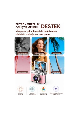 Cepaks Lk-027 Beyaz Retro Mini Dijital Fotoğraf Makinesi Hd Video, Katlanabilir Ekranlı 48 Mp Flaşlı