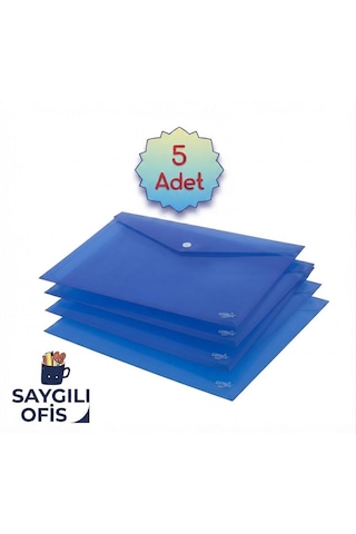 Saygılıofis Mavi A4 Çıtçıtlı Dosya Şeffaf Renkli Zarf Dosya 5 Adet 20x30 Cm Çıt Çıtlı Dosya